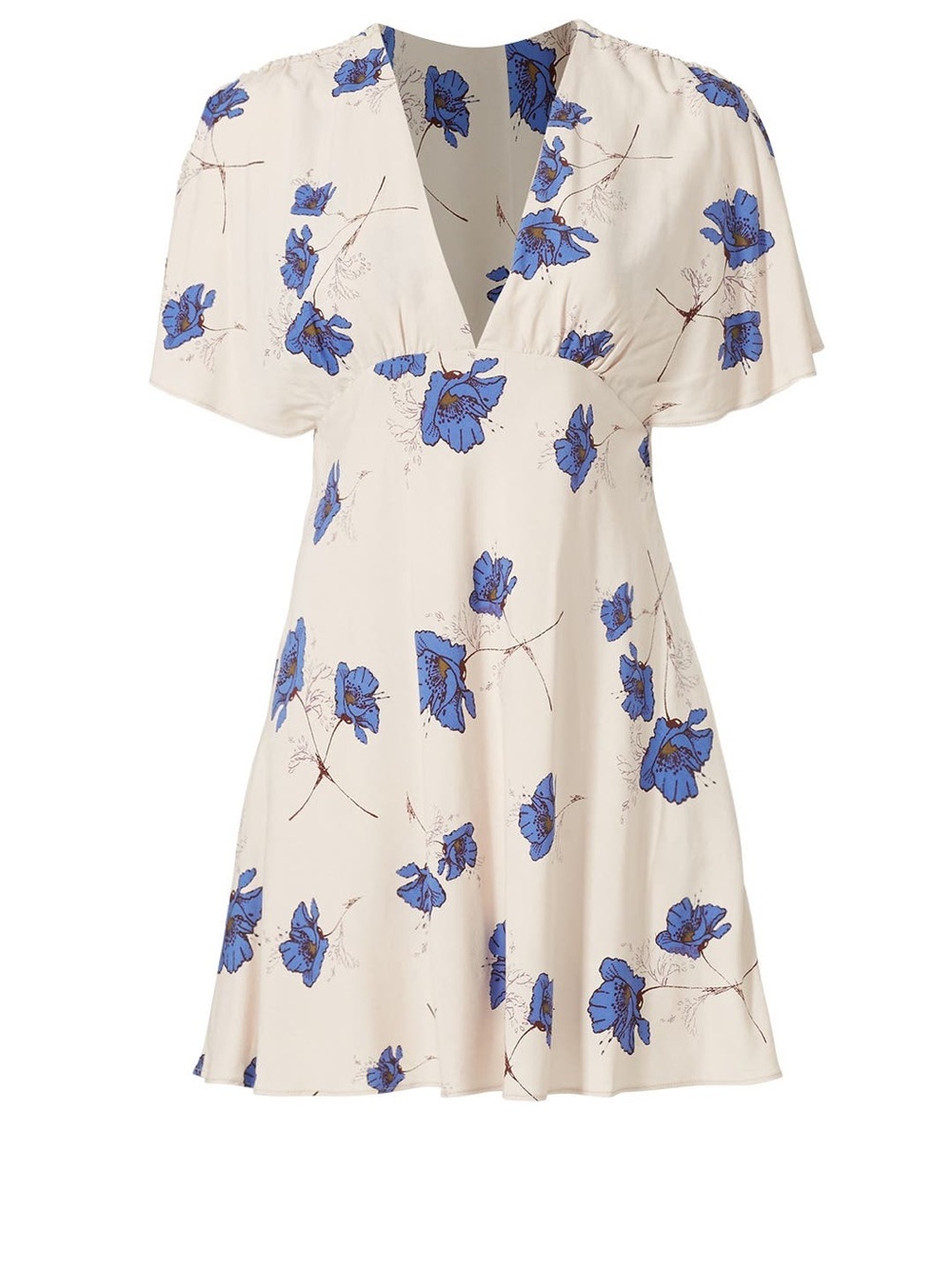 Free People Cream Mini Dress with Blue Floral Print and V-Neckline